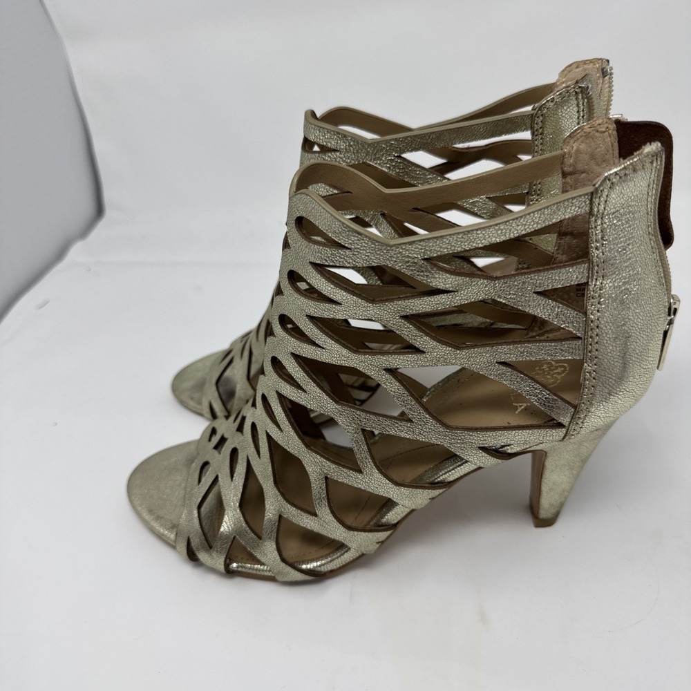 Isola Women's Shoes Gold Leather Open Lattice Caged Sandal Heel Strappy Size 10 - Picture 3 of 5